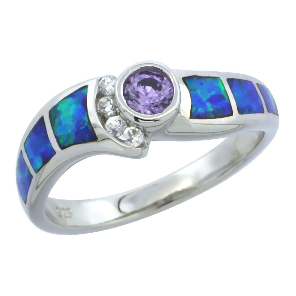 Sterling Silver Blue Synthetic Opal Wavy Ring for Women White &amp; Round Amethyst CZ 1/4 inch