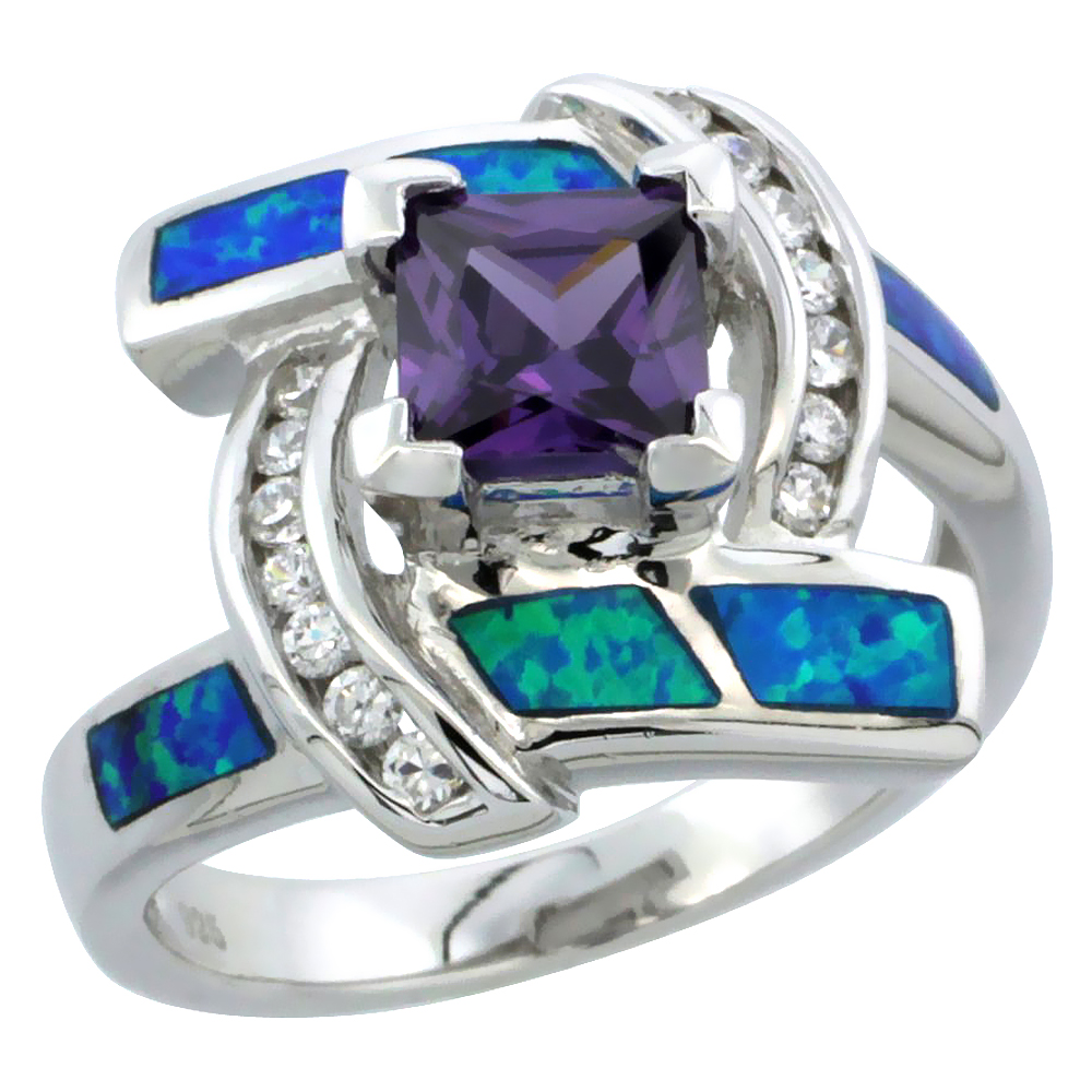 STERLING SILVER BLUE SYNTHETIC OPAL PRINCESS CUT BYPASS RING FOR WOMEN WHITE & AMETHYST CZ 5/8 INCH