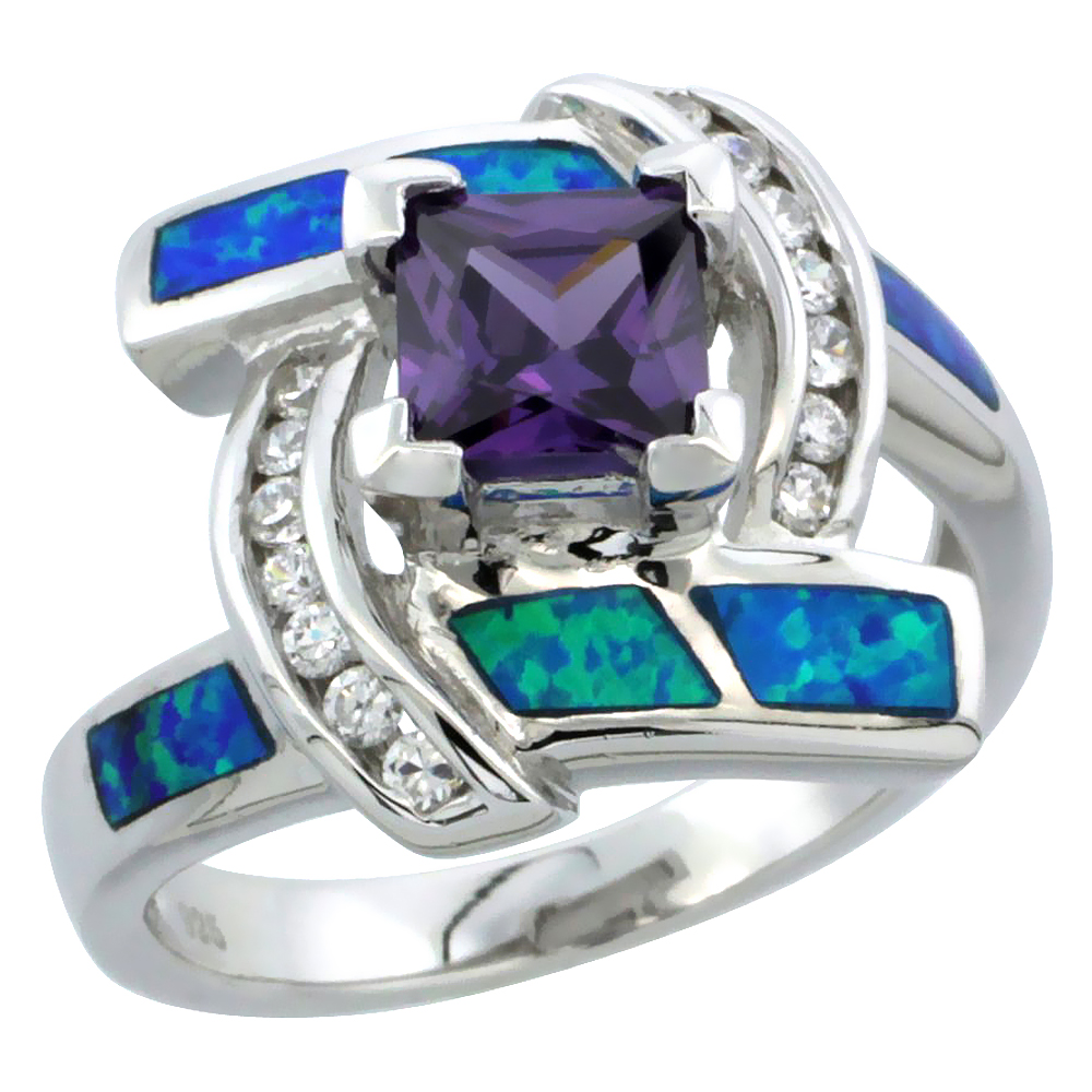 Sterling Silver Blue Synthetic Opal Princess Cut Bypass Ring for Women White & Amethyst CZ 5/8 inch