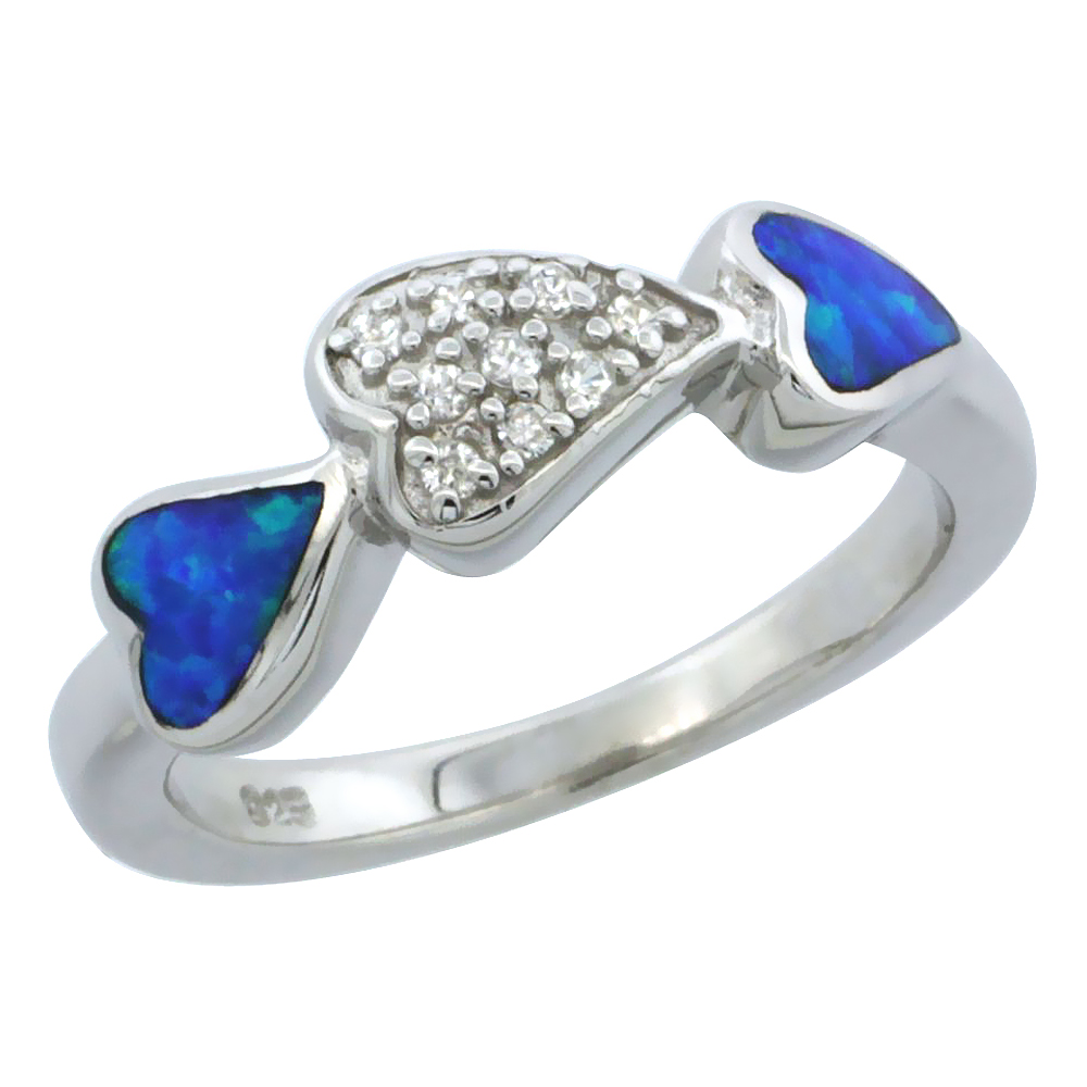 STERLING SILVER BLUE SYNTHETIC OPAL 3 HEARTS RING FOR WOMEN CZ ACCENT 1/4 INCH