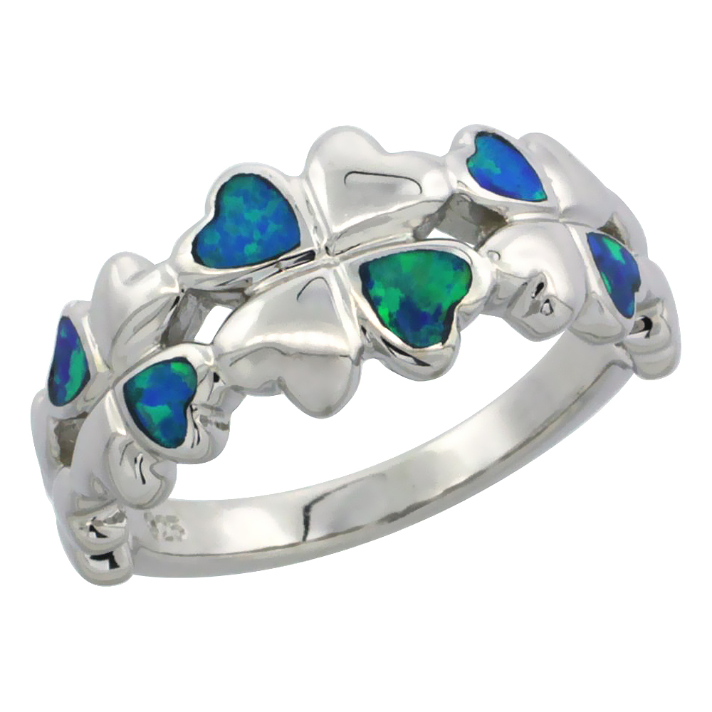 STERLING SILVER BLUE SYNTHETIC OPAL LITTLE HEARTS RING FOR WOMEN 3/8 INCH