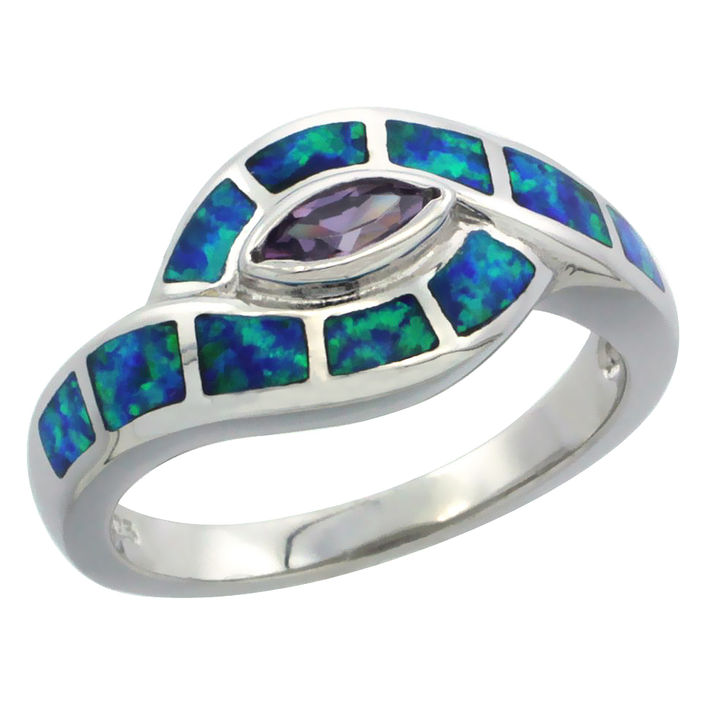 Sterling Silver Blue Synthetic Opal Eye Ring for Women Marquise Amethyst CZ Center 3/8 inch