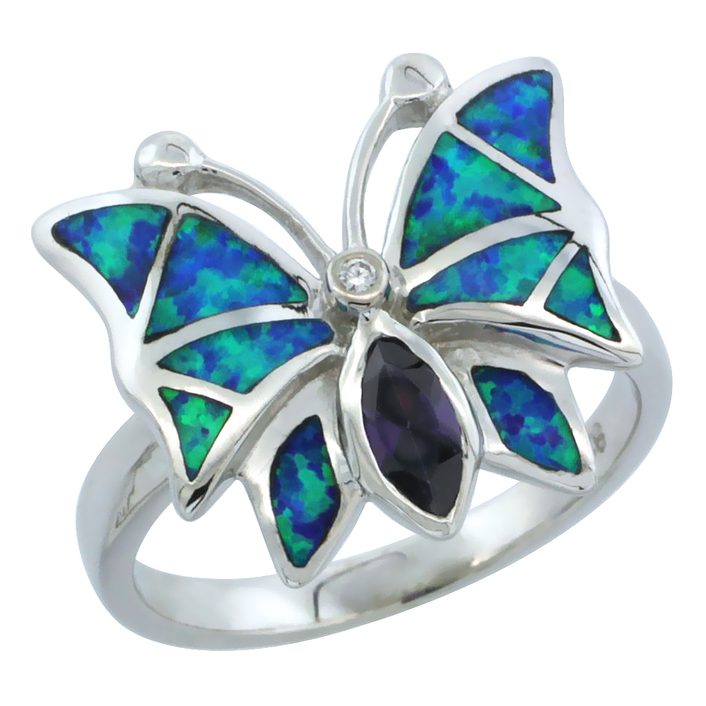 Sterling Silver Blue Synthetic Opal Butterfly Ring for Women Marquise Amethyst CZ Center 5/8 inch