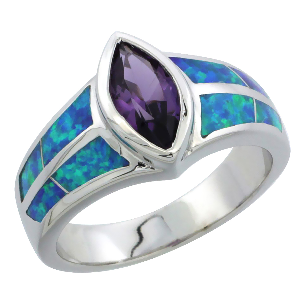 Sterling Silver Blue Synthetic Opal Marquise Ring for Women Amethyst CZ Bezel Set 7/16 inch
