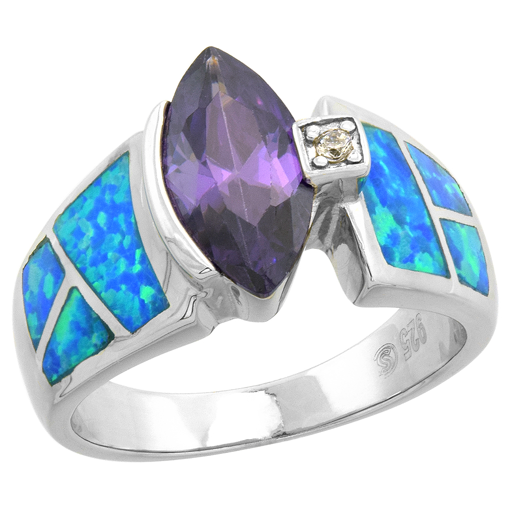 Sterling Silver Marquise Amethyst CZ Synthetic Opal Ring for Women 1/2 inch