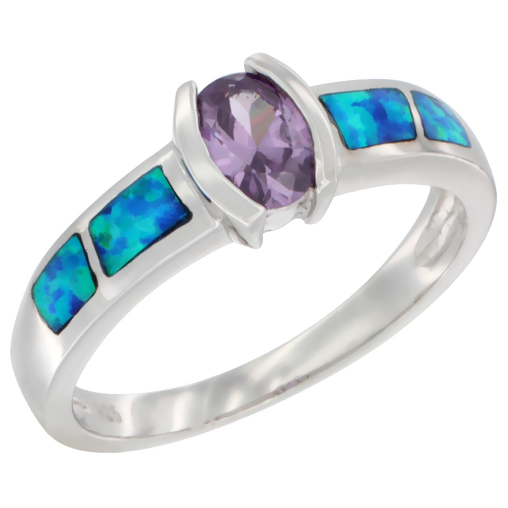 STERLING SILVER BLUE SYNTHETIC OPAL OVAL RING FOR WOMEN CHANNEL SET AMETHYST CZ CENTER 5/16 INCH