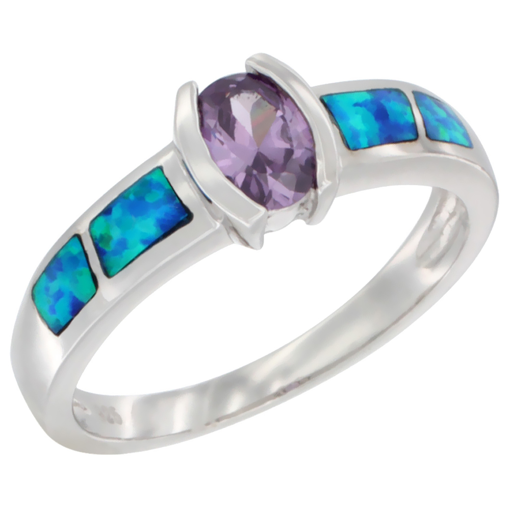 Sterling Silver Blue Synthetic Opal Oval Ring for Women Channel Set Amethyst CZ Center 5/16 inch