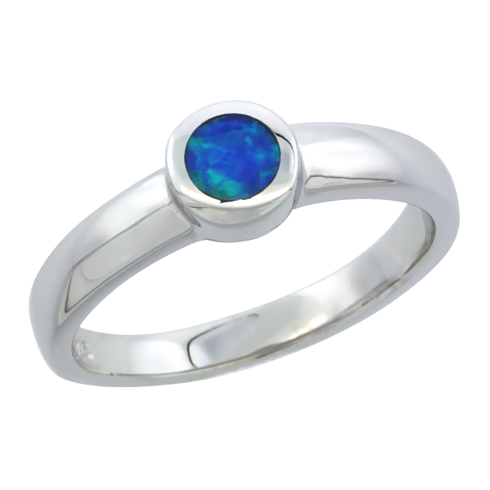 Sterling Silver Blue Synthetic Opal Round Solitaire Ring for Women Bezel Set 1/4 inch