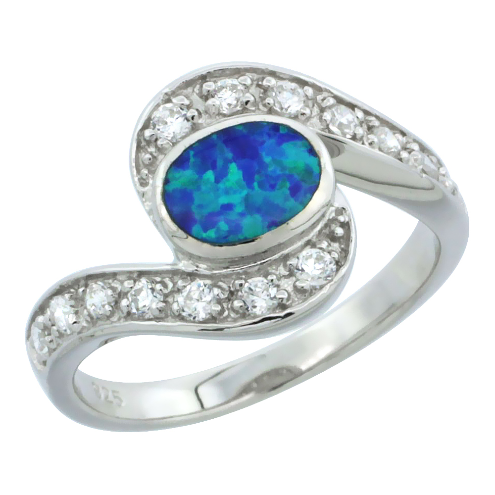 STERLING SILVER SYNTHETIC OPAL OVAL BYPASS EYE RING FOR WOMEN CZ ACCENT 9/16 INCH