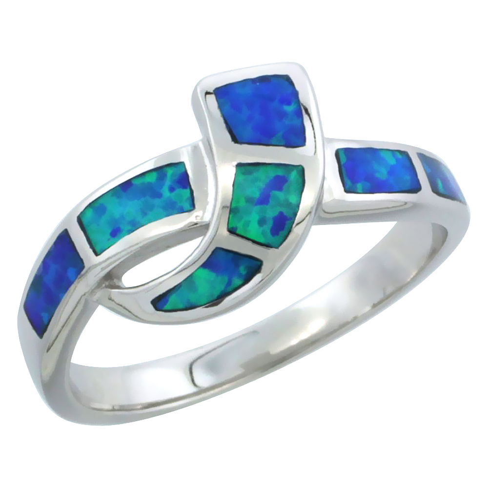 Dainty Sterling Silver Blue Synthetic Opal Ribbon Ring for Women 3/8 inch