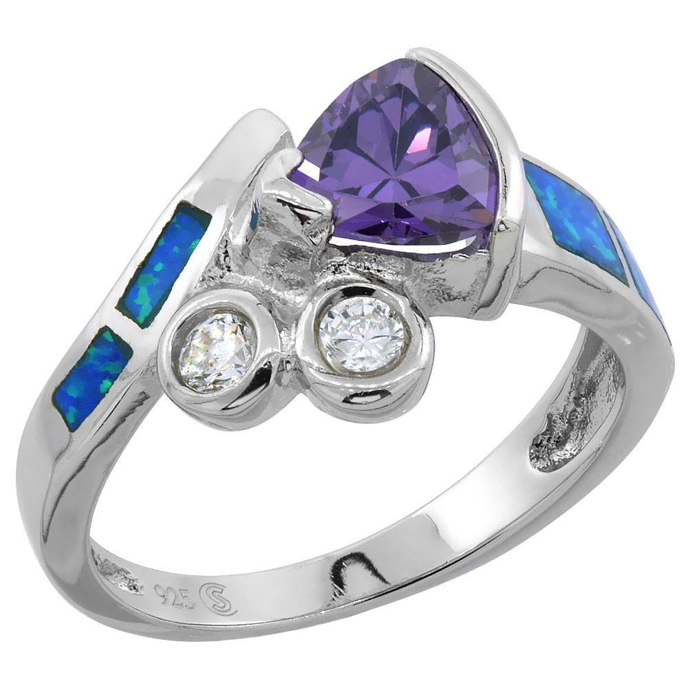 STERLING SILVER BLUE SYNTHETIC OPAL TRILLION CUT RING FOR WOMEN WHITE & AMETHYST CZ 1/2 INCH