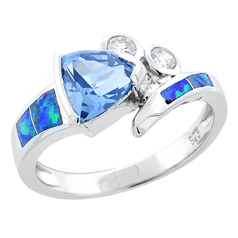 Sterling Silver Blue Synthetic Opal Trillion Cut Ring for Women Blue Topaz CZ Center &amp; white CZ Accent 1/2 inch