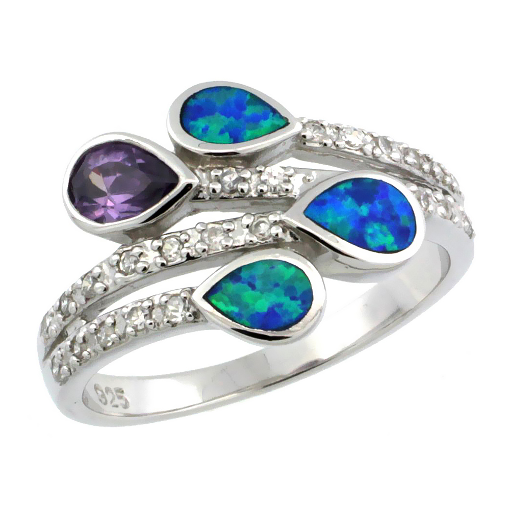 STERLING SILVER BLUE SYNTHETIC OPAL TEARDROPS BYPASS RING FOR WOMEN WHITE & AMETHYST CZ 9/16 INCH