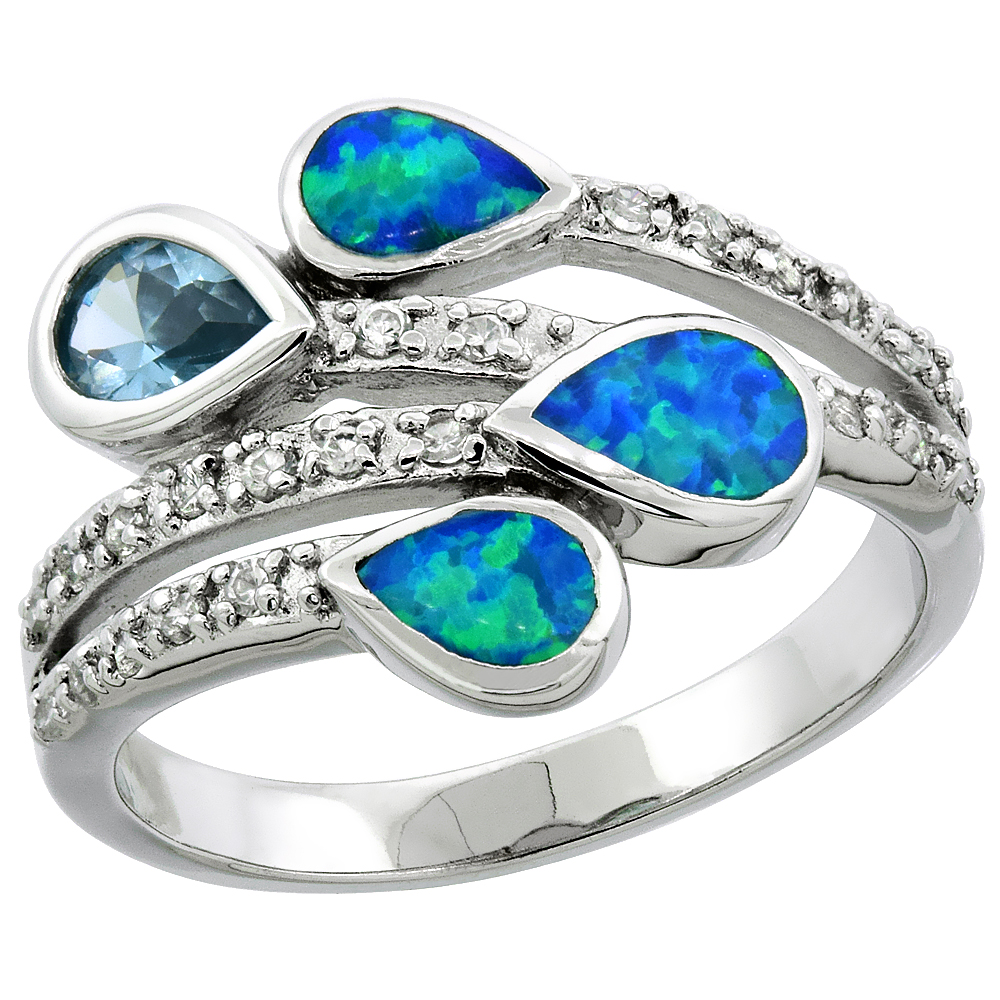 STERLING SILVER BLUE SYNTHETIC OPAL TEARDROPS BYPASS RING FOR WOMEN WHITE & BLUE TOPAZ CZ 9/16 INCH