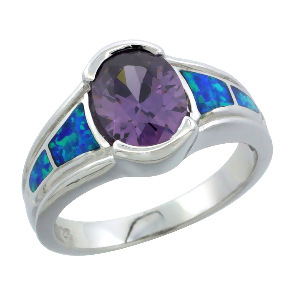 STERLING SILVER BLUE SYNTHETIC OPAL OVAL AMETHYST CZ CENTER RING FOR WOMEN1/2 INCH