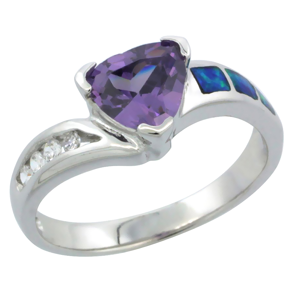 STERLING SILVER BLUE SYNTHETIC OPAL TRILLION CUT RING FOR WOMEN WHITE & AMETHYST CZ 3/8 INCH