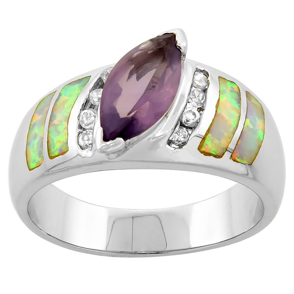 Sterling Silver Blue Synthetic Opal Marquise Ring for Women White & Amethyst CZ 7/16 inch