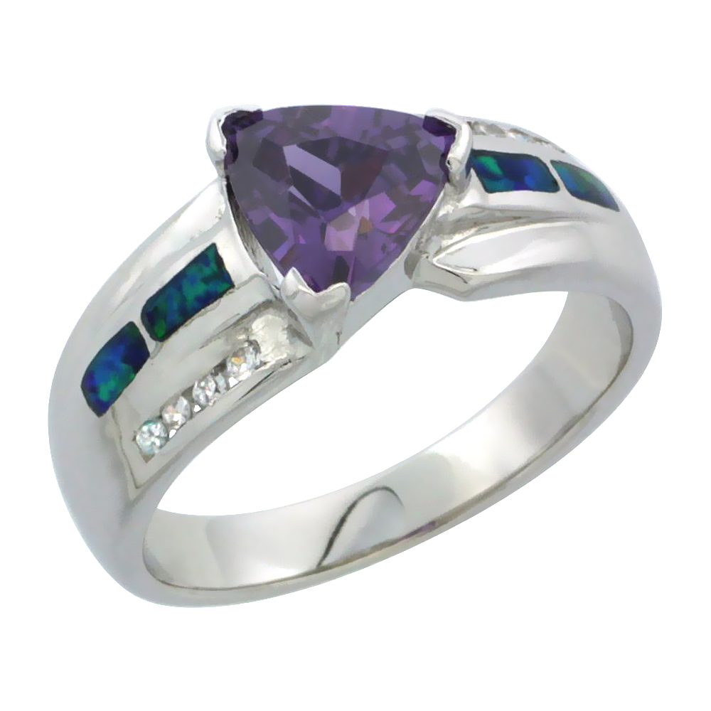 STERLING SILVER BLUE SYNTHETIC OPAL TRILLION CUT RING FOR WOMEN WHITE & AMETHYST CZ 3/8 INCH