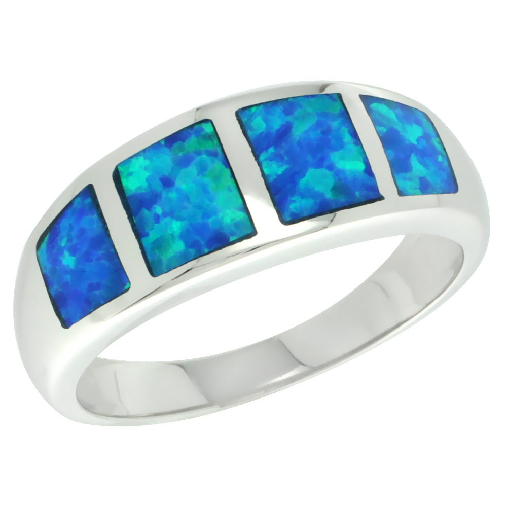 STERLING SILVER BLUE SYNTHETIC OPAL BAND RING FOR WOMEN SQUARE INLAYS TAPERED 5/16 INCH