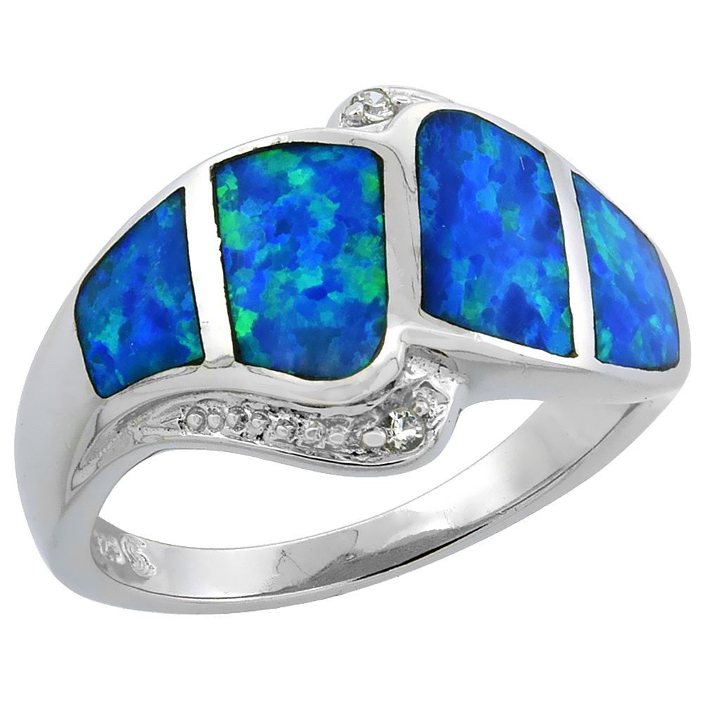 STERLING SILVER BLUE SYNTHETIC OPAL BYPASS RING FOR WOMEN CZ ACCENT 9/16 INCH