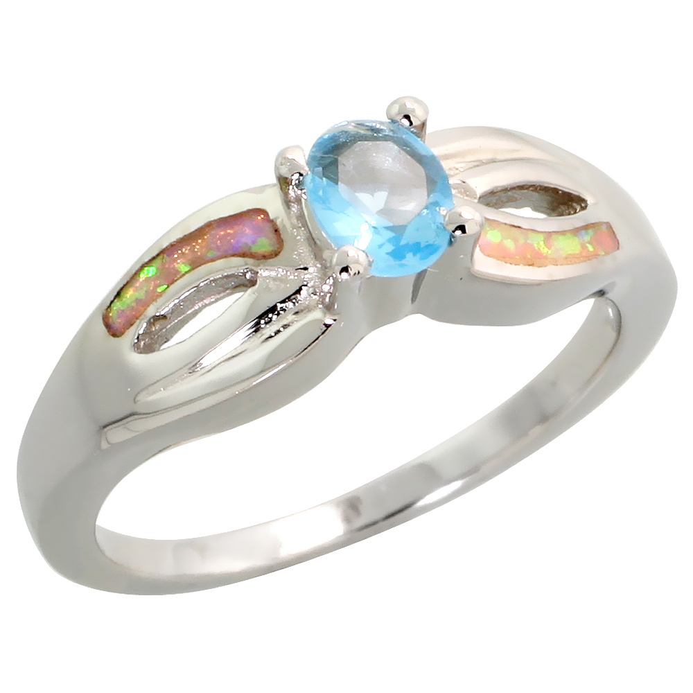 Sterling Silver Synthetic Pink Opal Ring Brilliant Cut Blue Topaz CZ Center 1/4 inch