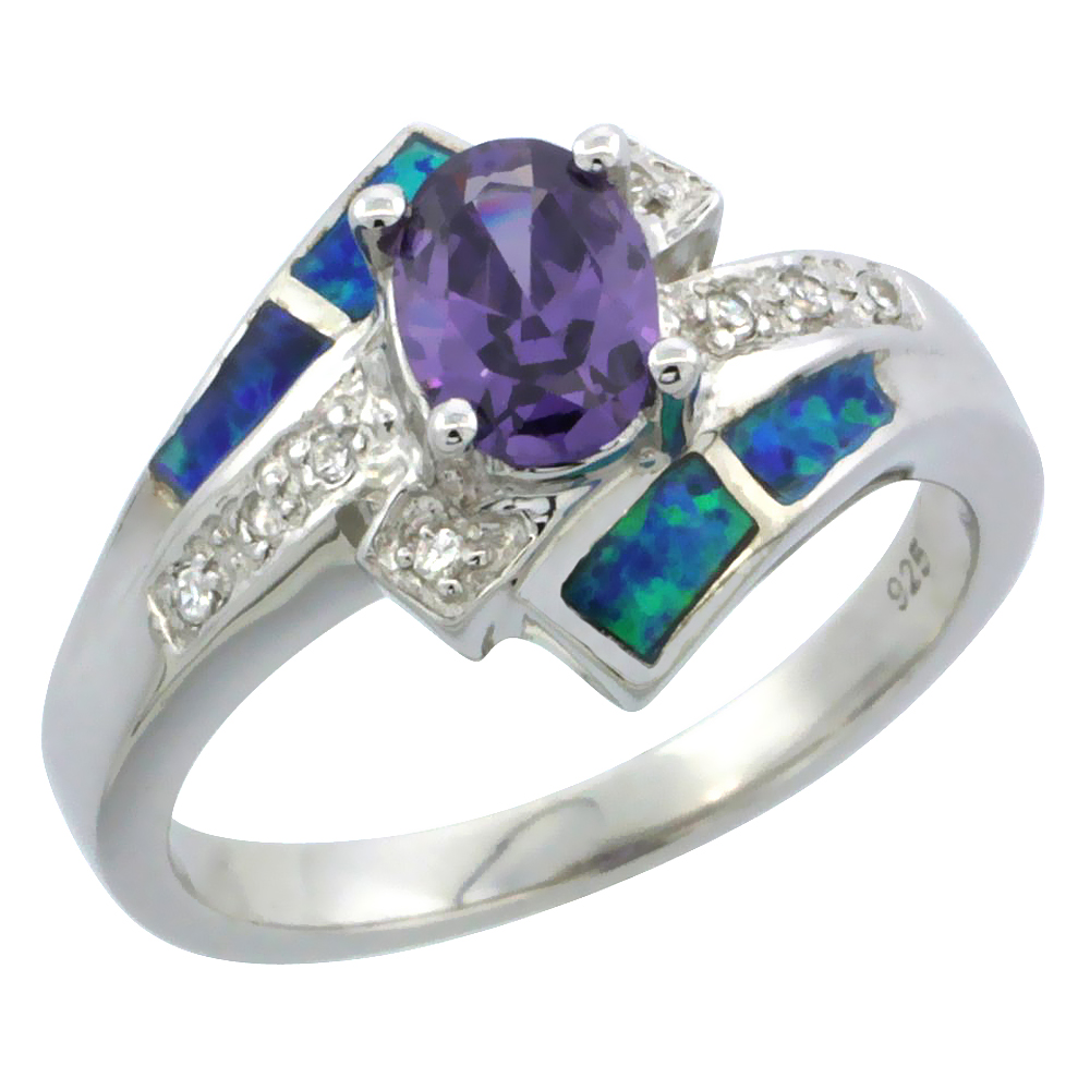 Sterling Silver Blue Synthetic Opal Byass Ring for Women White &amp; Oval Amethyst CZ 1/2 inch