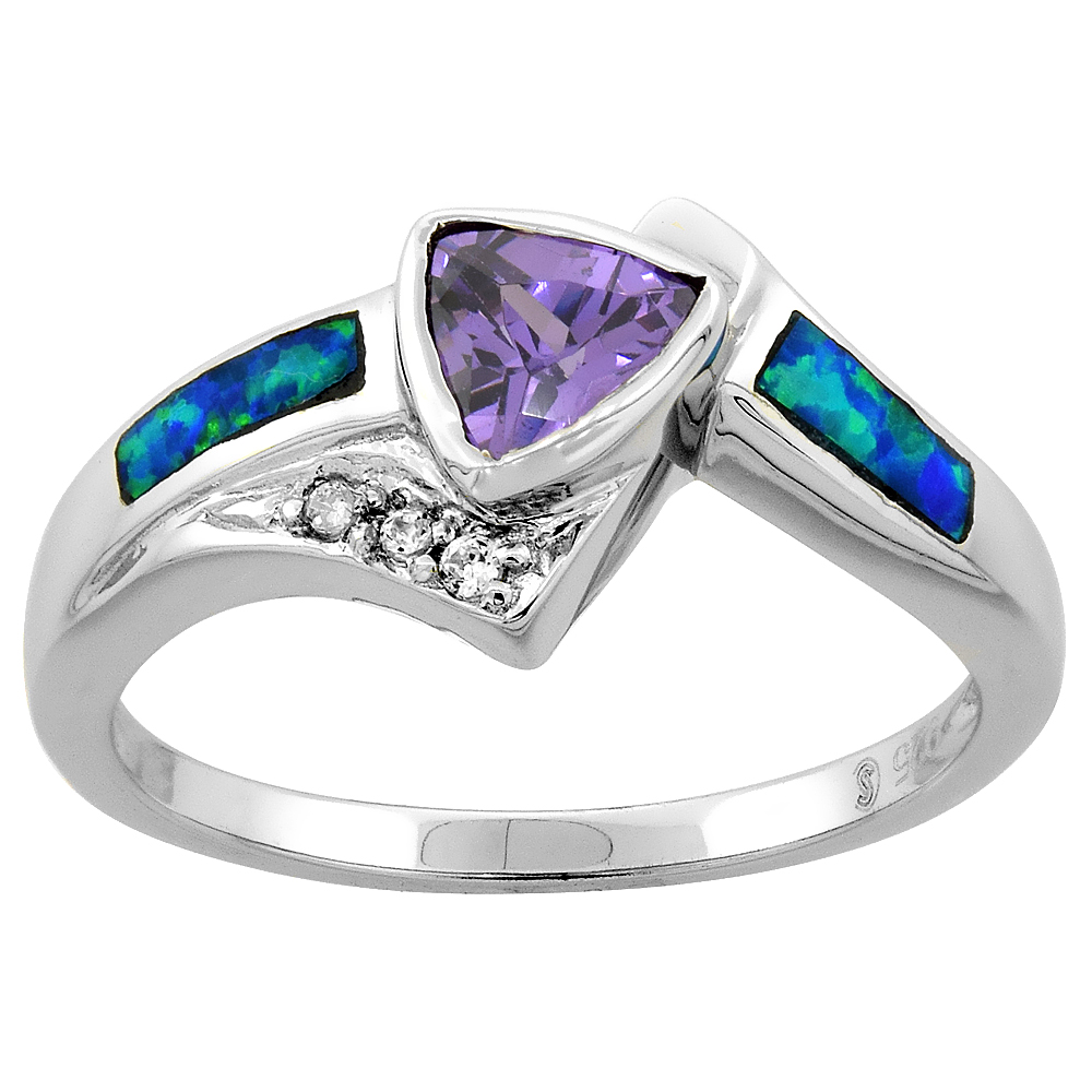 Sterling Silver Synthetic Pink Opal Ring Trillion Cut Blue Topaz Cubic Zirconia center, 7/16 inch