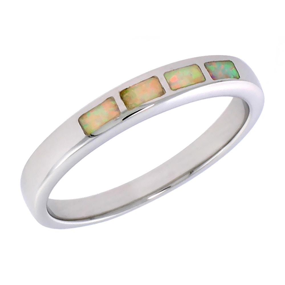 Dainty Sterling Silver Blue Synthetic Opal Band Stacking Ring for Women 3/16 inch