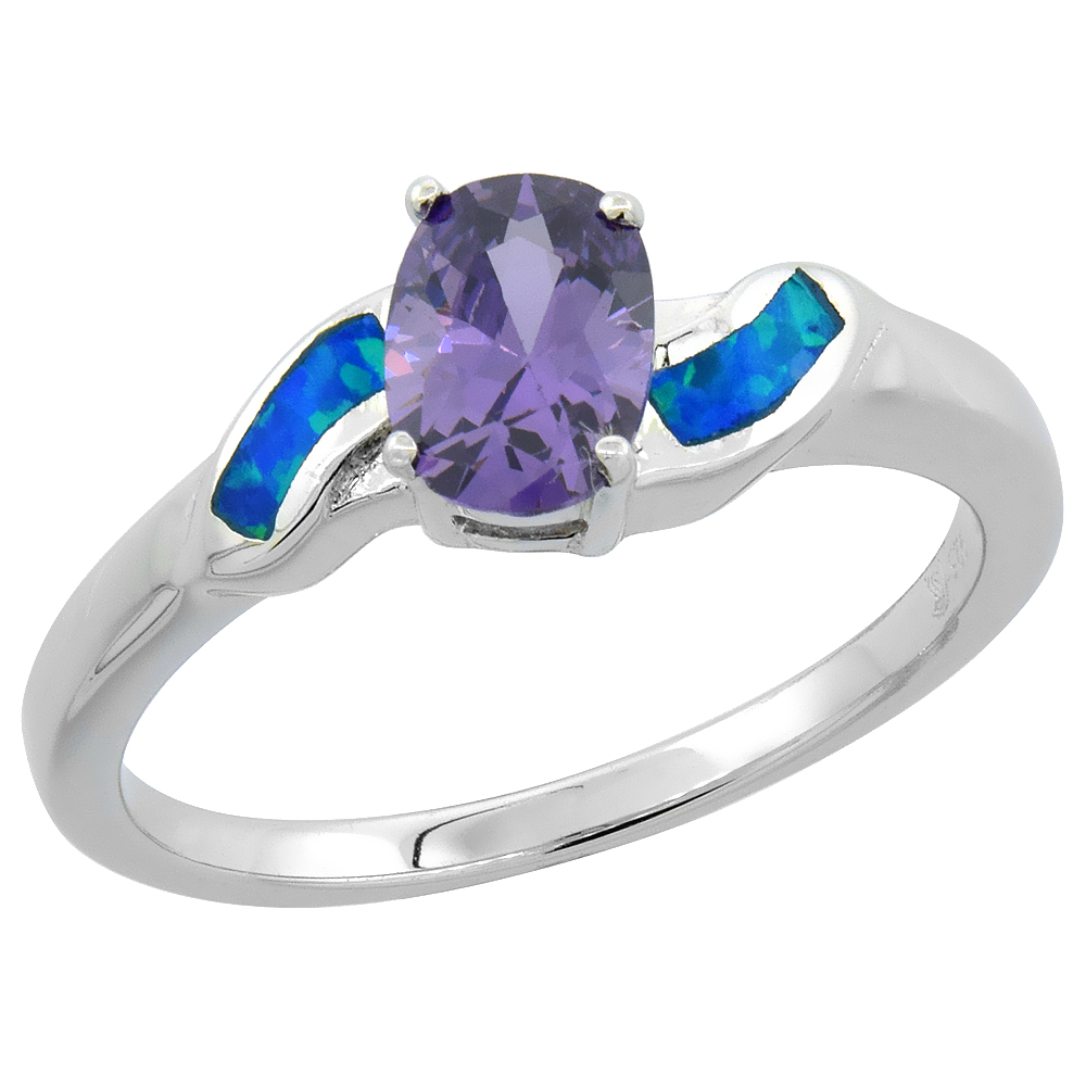 Dainty Sterling Silver Blue Synthetic Opal Oval Ring for Women Amethyst CZ Center 3/8 inch