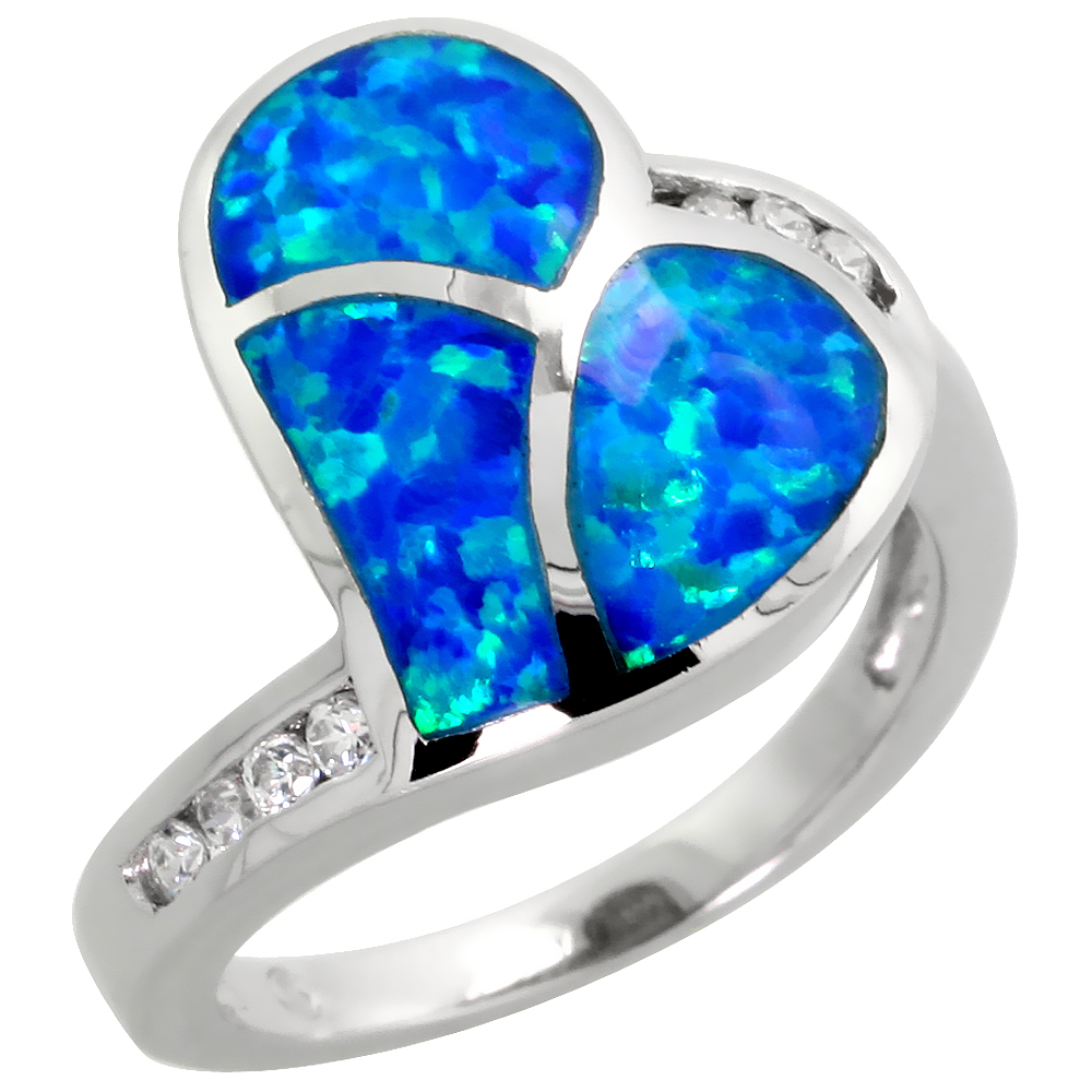 STERLING SILVER BLUE SYNTHETIC OPAL SIDEWAYS HEART RING FOR WOMEN CZ ACCENT 11/16 INCH