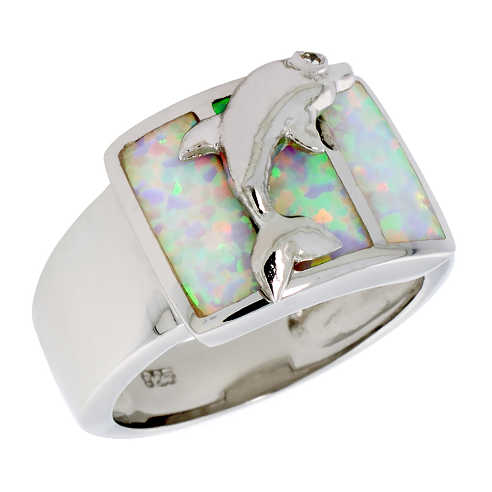 STERLING SILVER BLUE SYNTHETIC OPAL DOLPHIN RING FOR WOMEN 1/2 INCH