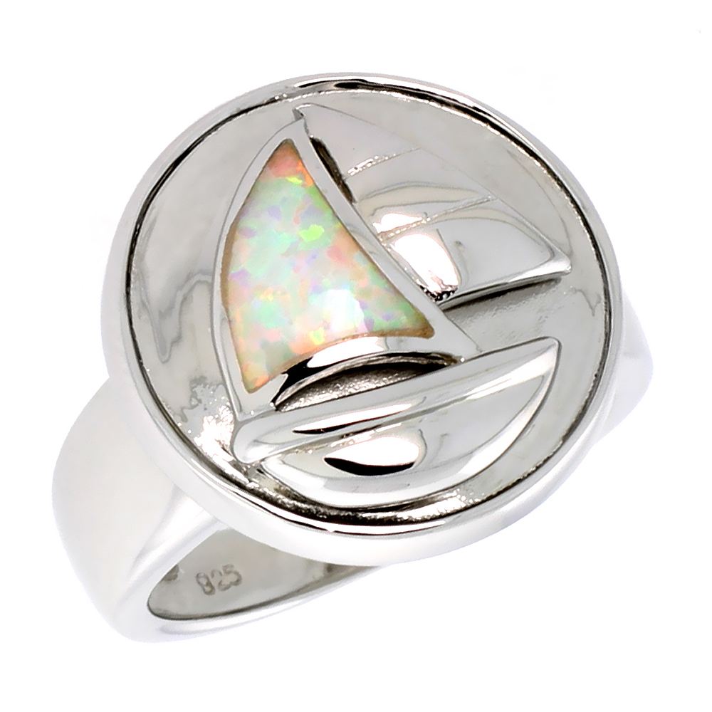 STERLING SILVER BLUE SYNTHETIC OPAL SAILBOAT RING FOR WOMEN 11/16 INCH