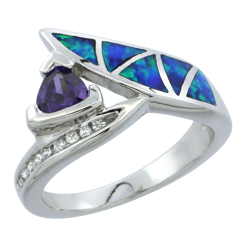 STERLING SILVER BLUE SYNTHETIC OPAL TRILLION CUT RING FOR WOMEN WHITE & AMETHYST CZ 9/16 INCH