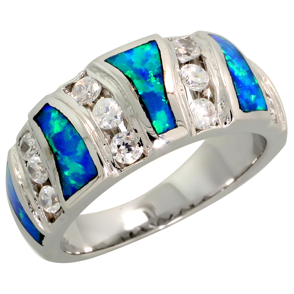 Sterling Silver Blue Synthetic Opal Dome Ring for Women CZ Accent Tapered 3/8 inch
