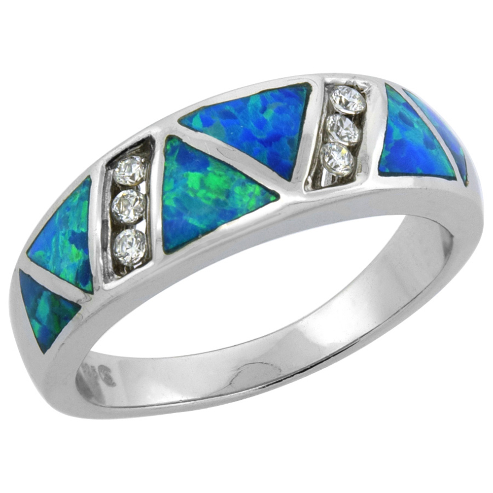 Sterling Silver Blue Synthetic Opal Narrow Dome Ring for Women CZ Accent Tapered 5/16 inch