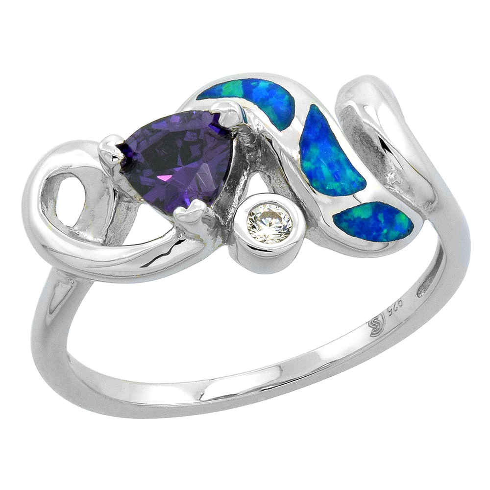 STERLING SILVER BLUE SYNTHETIC OPAL TRILLION CUT SWIRL RING FOR WOMEN WHITE & AMETHYST CZ 7/16 INCH