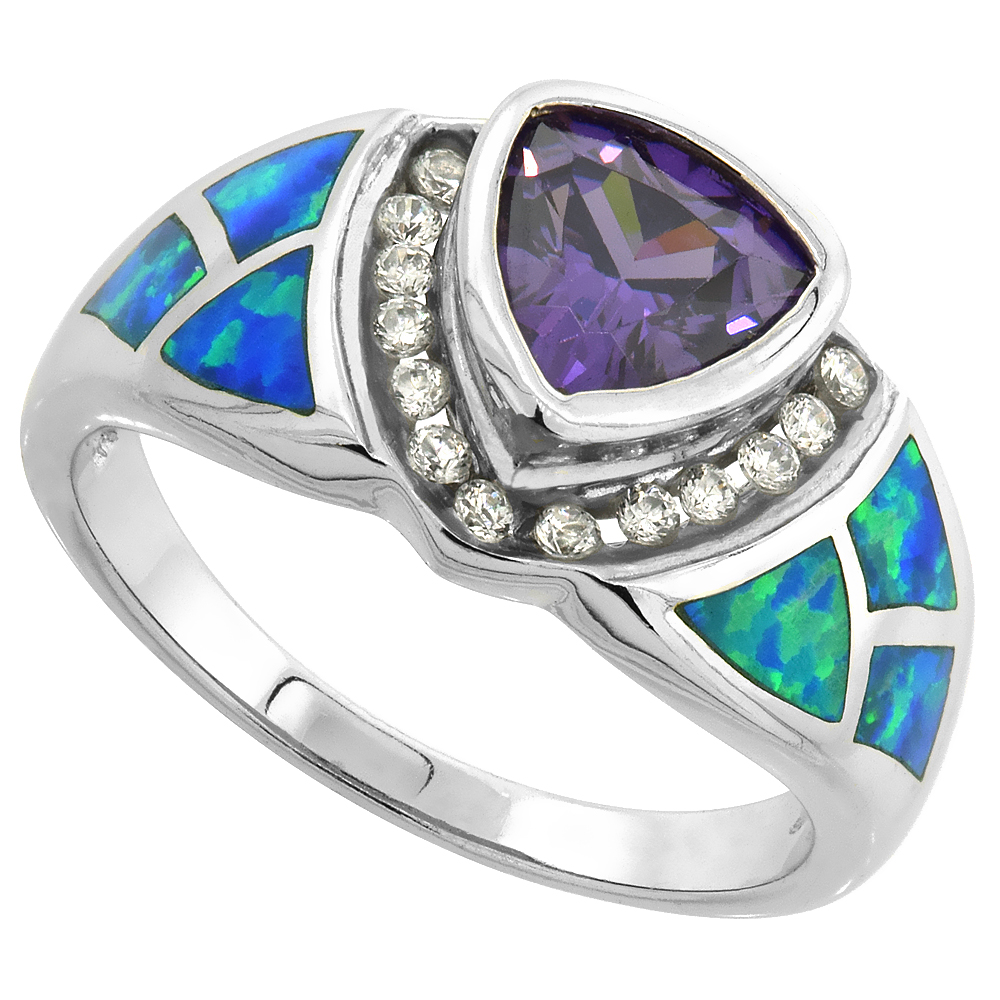 Sterling Silver Synthetic Pink Opal Ring Trillion Cut Blue Topaz CZ Cubic Zirconia Accent, 1/2 inch