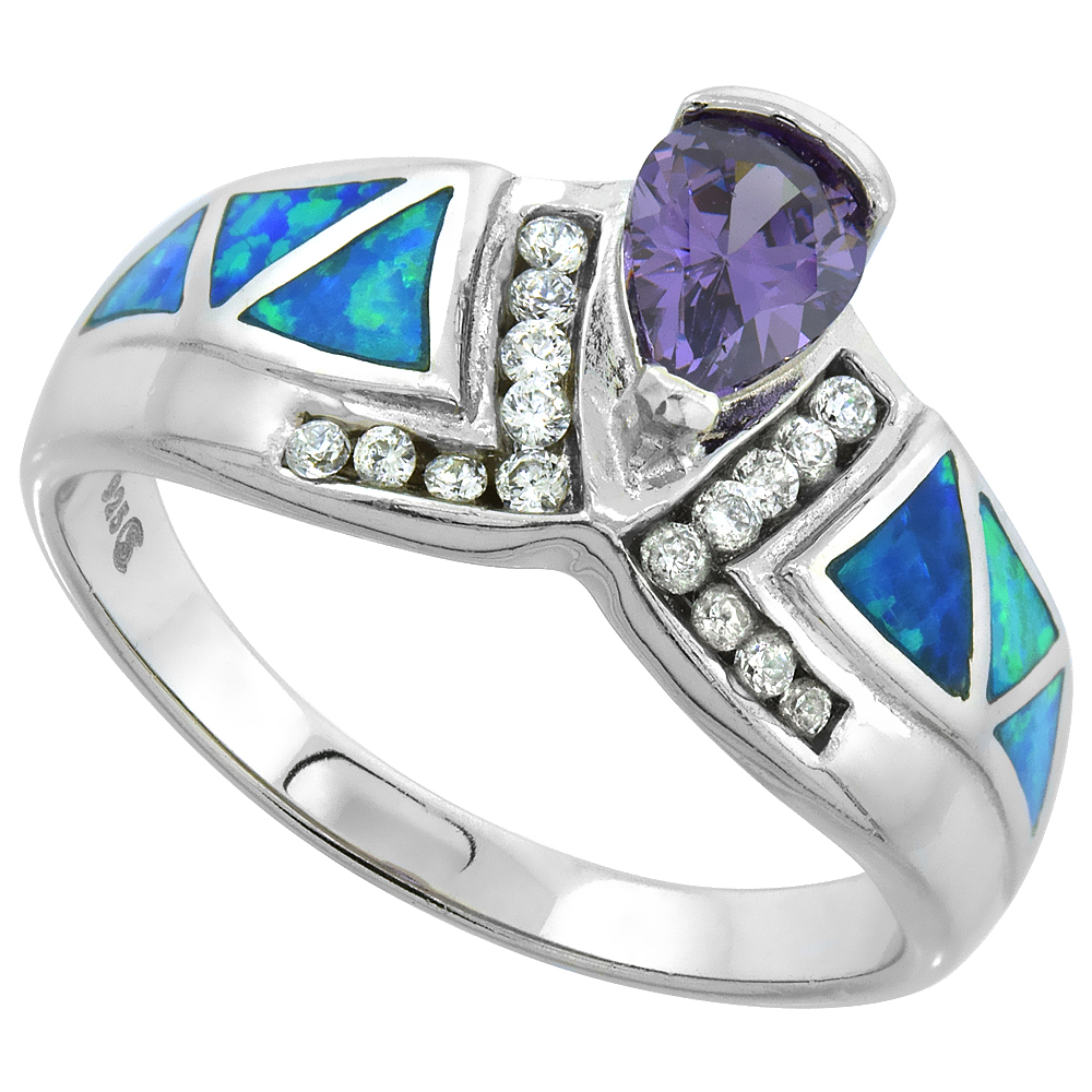 STERLING SILVER BLUE SYNTHETIC OPAL TEARDROP RING FOR WOMEN WHITE & AMETHYST CZ 1/2 INCH