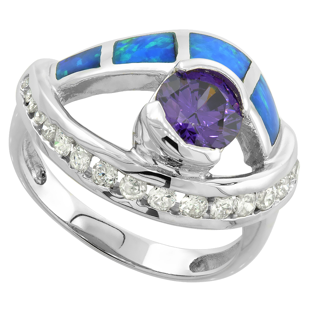 Sterling Silver Blue Synthetic Opal Eye Ring for Women White &amp; Amethyst CZ 5/8 inch