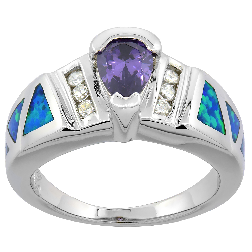 Sterling Silver Blue Synthetic Opal Teardrop Ring for Women White &amp; Amethyst CZ 7/16 inch