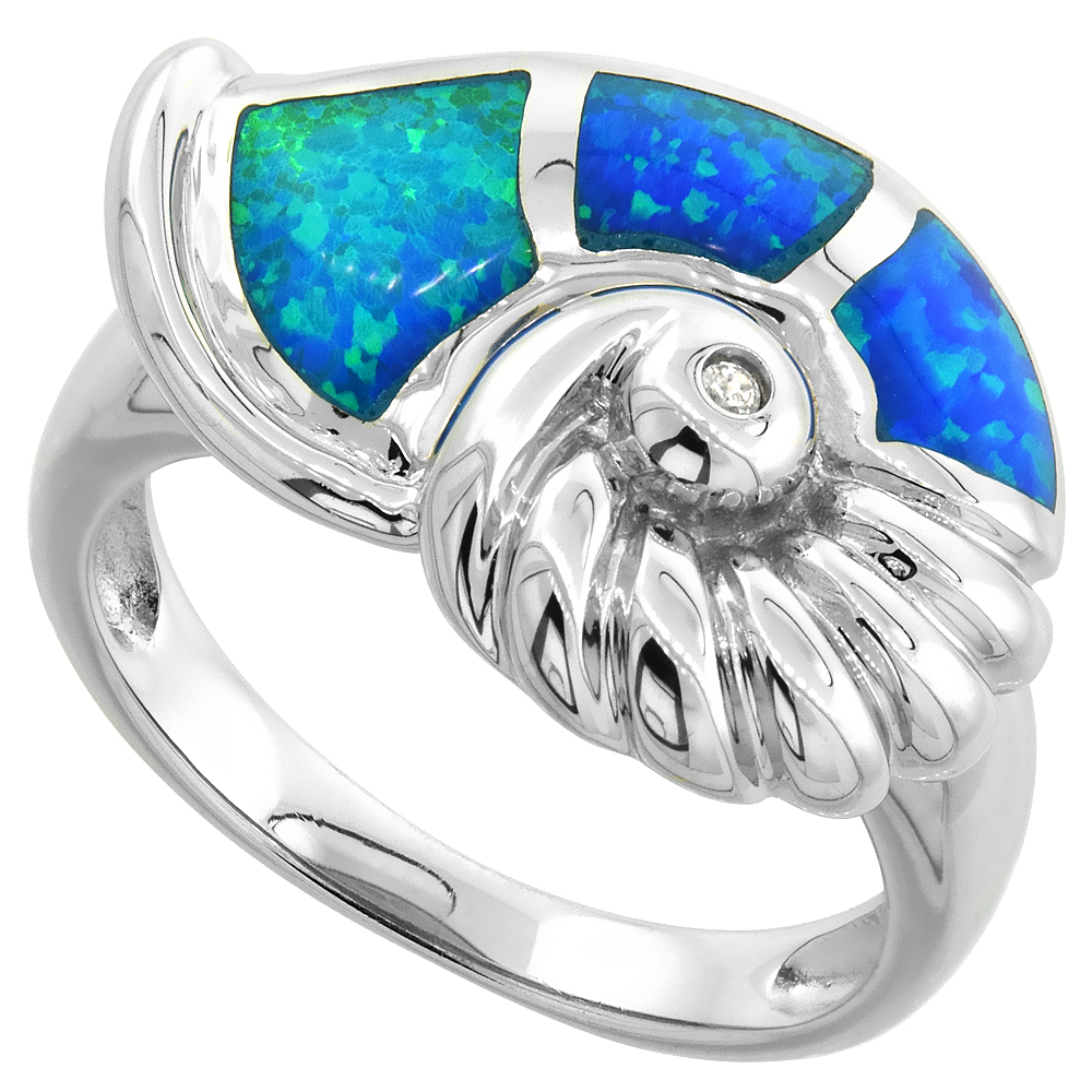 STERLING SILVER BLUE SYNTHETIC OPAL NAUTILUS SHELL RING FOR WOMEN 9/16 INCH
