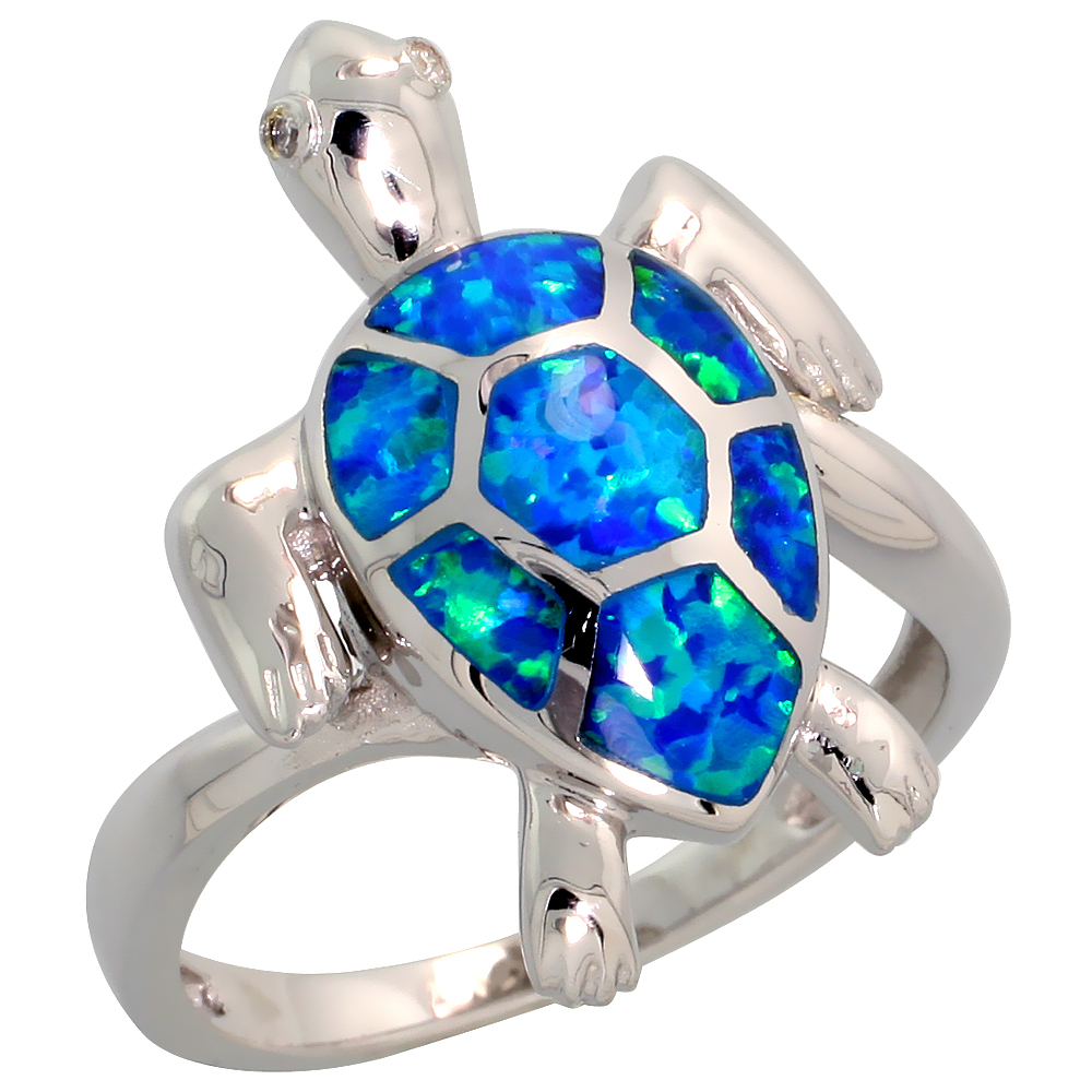 STERLING SILVER BLUE SYNTHETIC OPAL SEA TURTLE RING FOR WOMEN 7/8 INCH