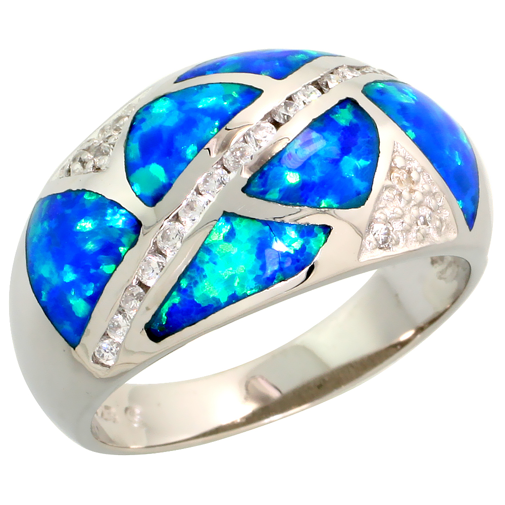 STERLING SILVER BLUE SYNTHETIC OPAL DOME RING FOR WOMEN CZ ACCENT 1/2 INCH