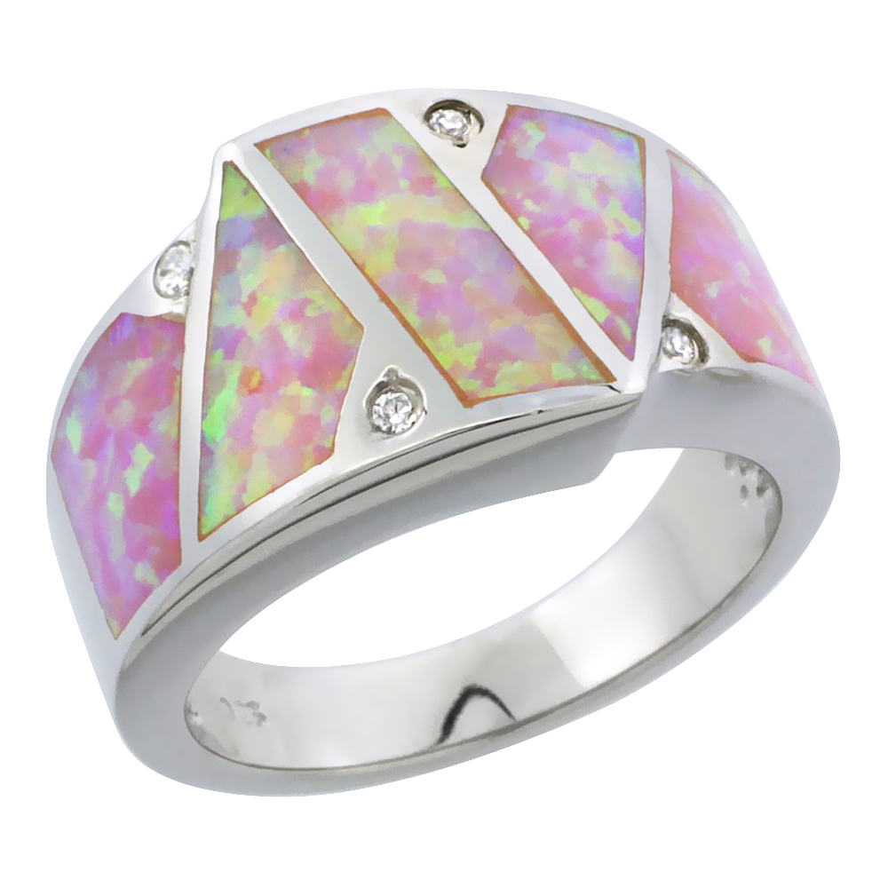 Sterling Silver Synthetic Pink Opal Ring Cubic Zirconia Accent, 1/2 inch