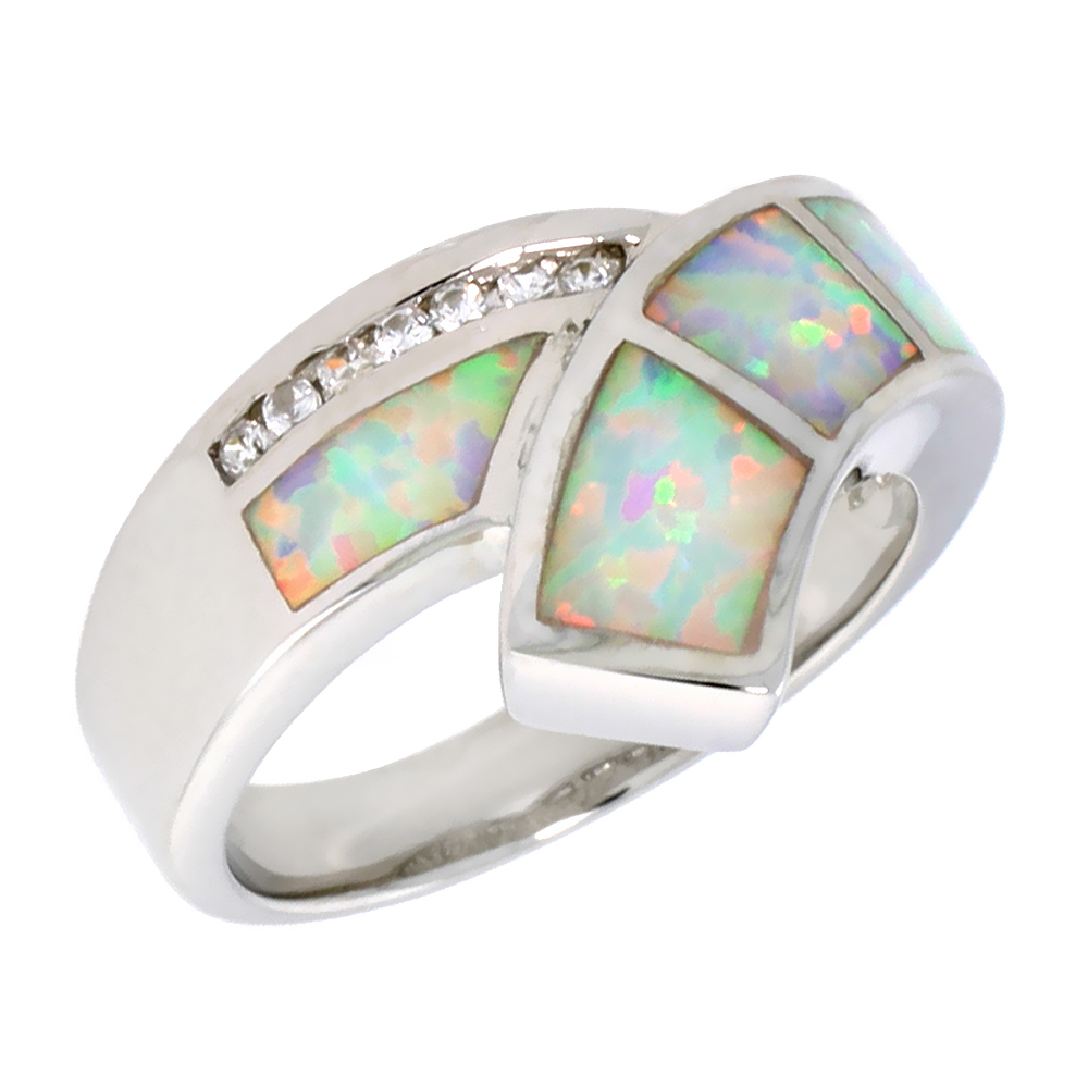 STERLING SILVER SYNTHETIC OPAL RIBBON RING FOR WOMEN SQUARE INLAY CZ ACCENT 7/16 INCH WIDE