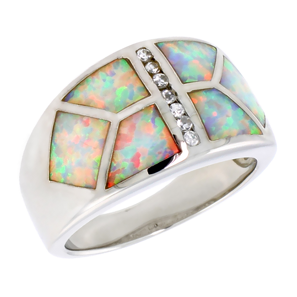 STERLING SILVER WHITE SYNTHETIC OPAL FLAT CIGAR BAND RING TRAPEZOID INLAY CHANNEL SET CZ 1/2 INCH SIZE 6-9