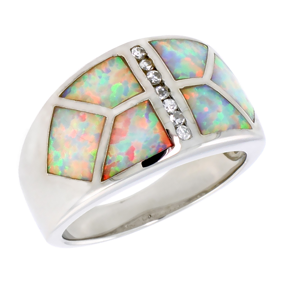 Sterling Silver Synthetic Opal Flat Cigar Band Ring for Women Trapezoid Inlay Channel Set CZ Center 1/2 inch wide