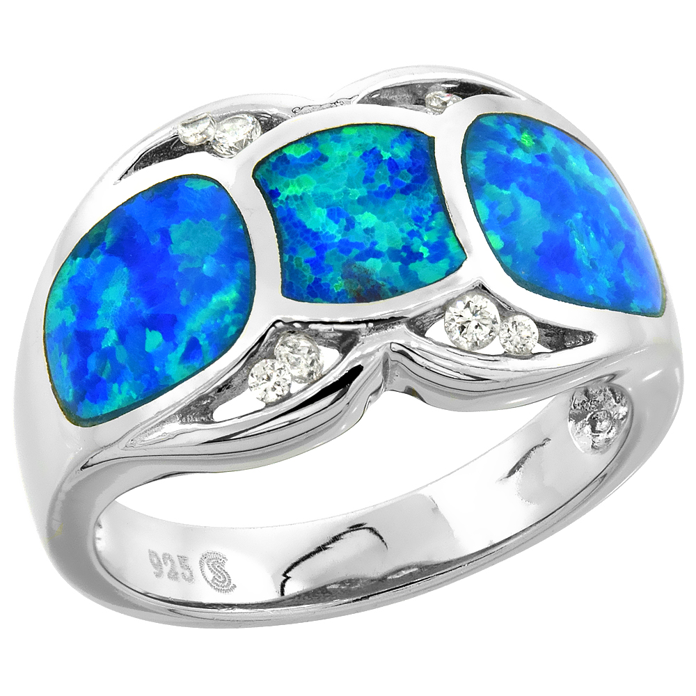 Sterling Silver Blue Synthetic Opal Scalloped Cigar band Ring for Women CZ Accent 1/2 inch