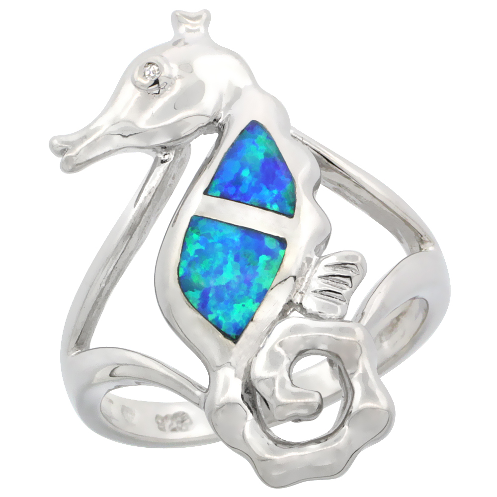 Sterling Silver Blue Synthetic Opal Seahorse Ring for Women CZ Accent 1 1/16 inch