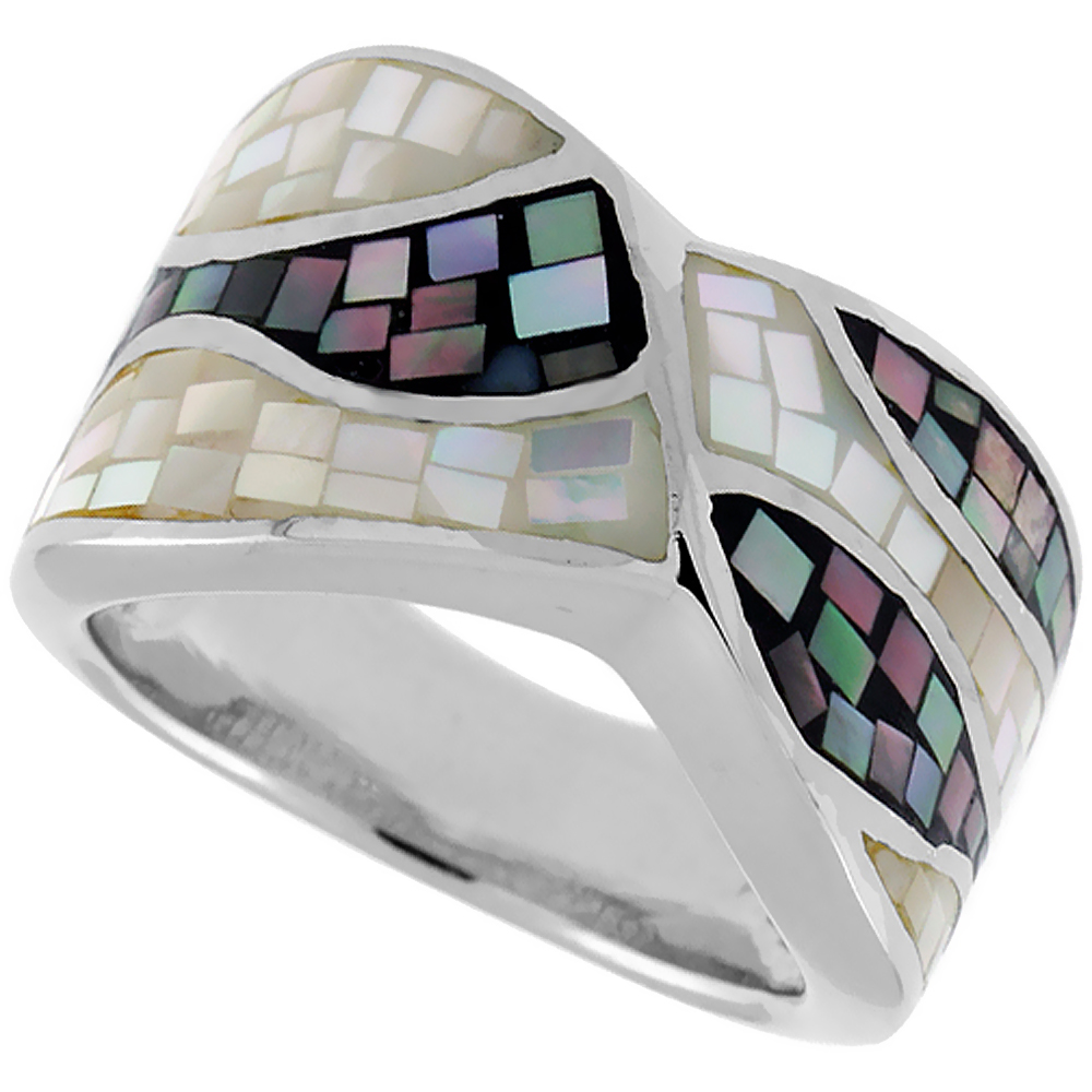 Sterling Silver Natural Shell Mosaic Wave Ring, 1/2 inch wide